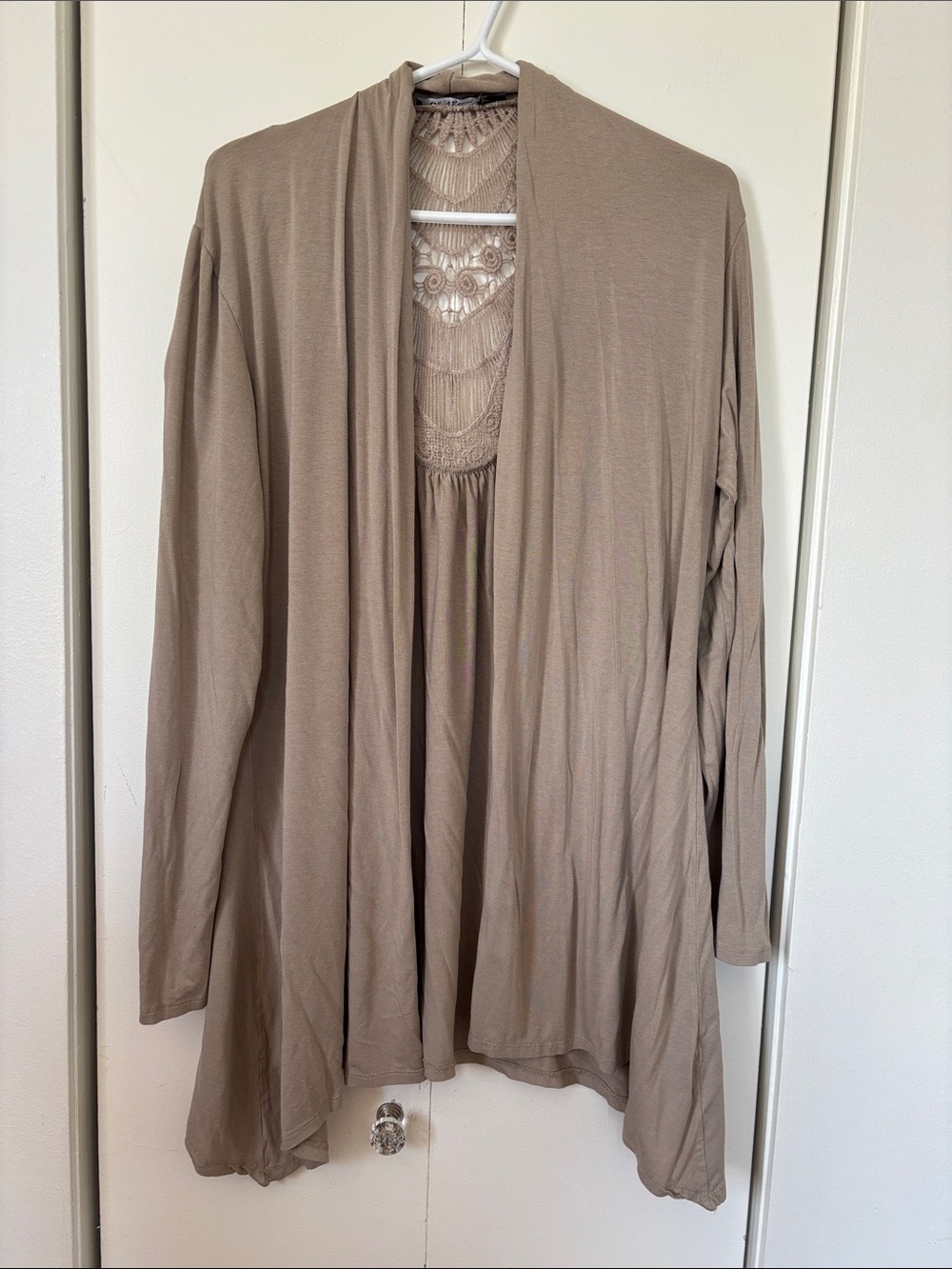 🎉4/30$🎉 George Taupe Open-Front Cardigan with Crochet Back